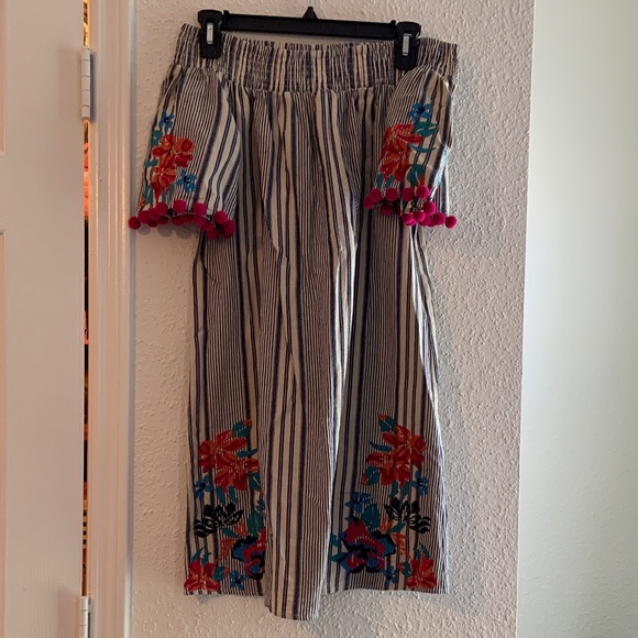 THML Dresses & Skirts - THML size S Striped Skirt with Floral Embroidery and Pom Poms